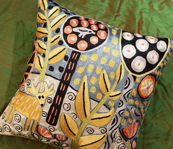 Deer & Bird Karla Gerard Accent Pillow Cover Handembroidered Art Silk 18"x18" - KashmirDesigns