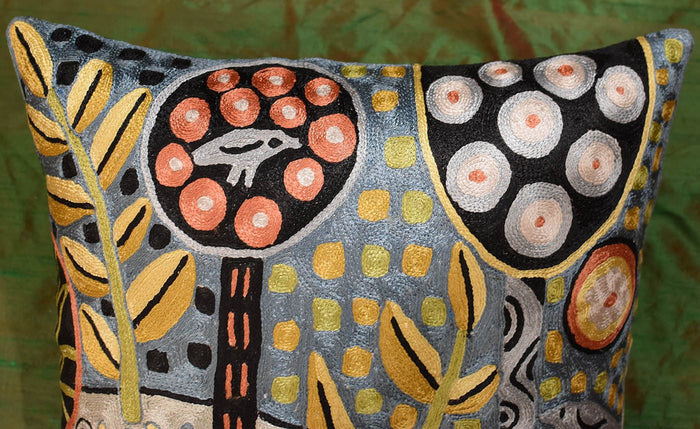 Deer & Bird Karla Gerard Accent Pillow Cover Handembroidered Art Silk 18"x18" - KashmirDesigns