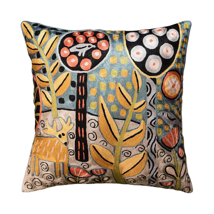 Deer & Bird Karla Gerard Accent Pillow Cover Handembroidered Art Silk 18"x18" - KashmirDesigns