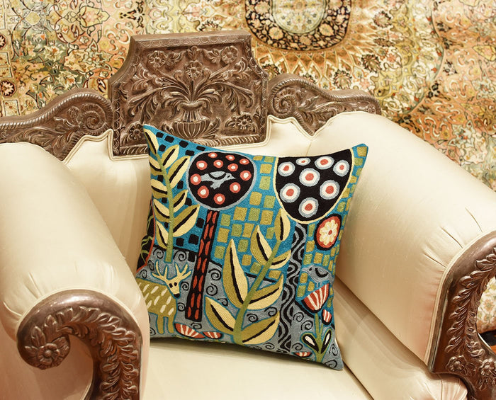 Deer & Bird Karla Gerard Decorative Pillow Cover Handembroidered Wool 18"x18" - KashmirDesigns