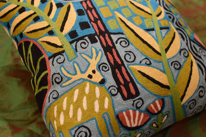 Deer & Bird Karla Gerard Decorative Pillow Cover Handembroidered Wool 18"x18" - KashmirDesigns