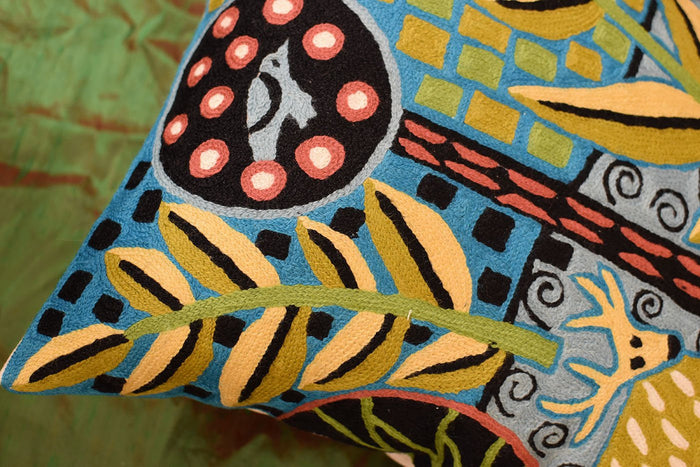 Deer & Bird Karla Gerard Decorative Pillow Cover Handembroidered Wool 18"x18" - KashmirDesigns