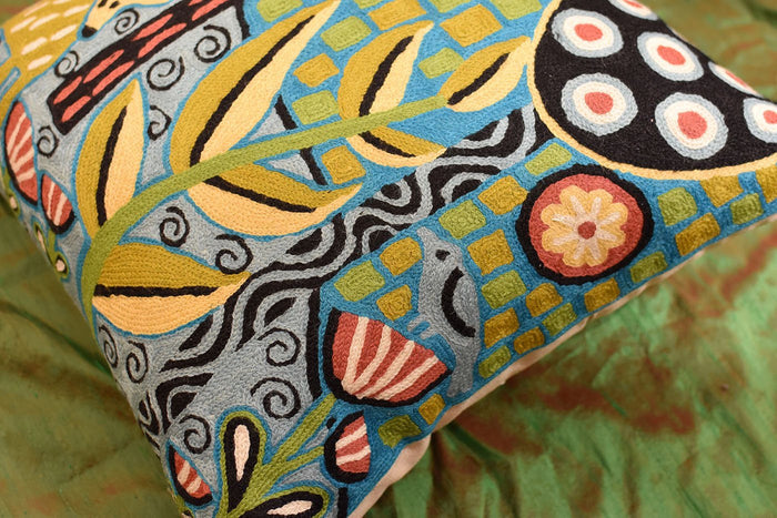 Deer & Bird Karla Gerard Decorative Pillow Cover Handembroidered Wool 18"x18" - KashmirDesigns