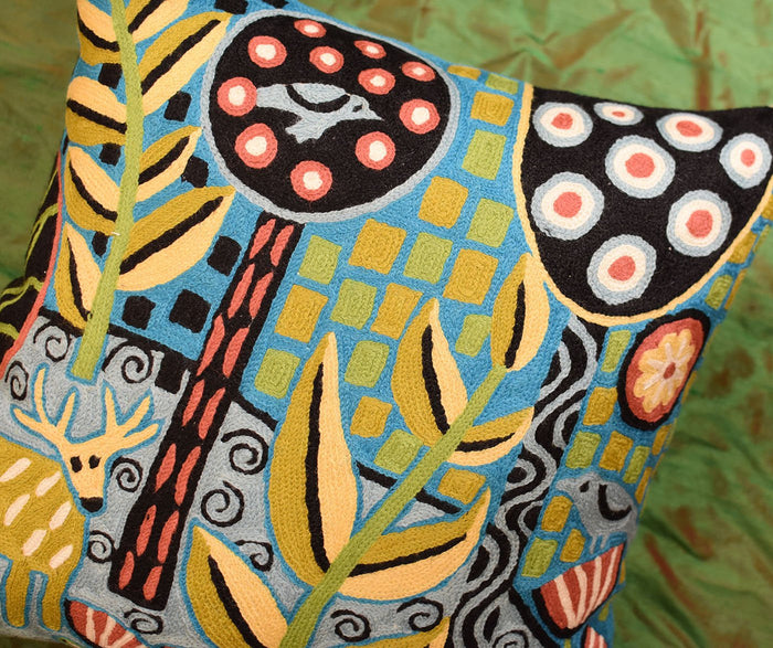Deer & Bird Karla Gerard Decorative Pillow Cover Handembroidered Wool 18"x18" - KashmirDesigns