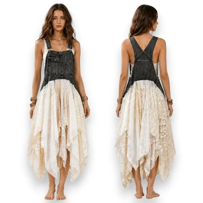 woman wearing Denim & Lace Asymmetric Midi Dress with black overall bodice, adjustable straps, white lace large to plus size design
