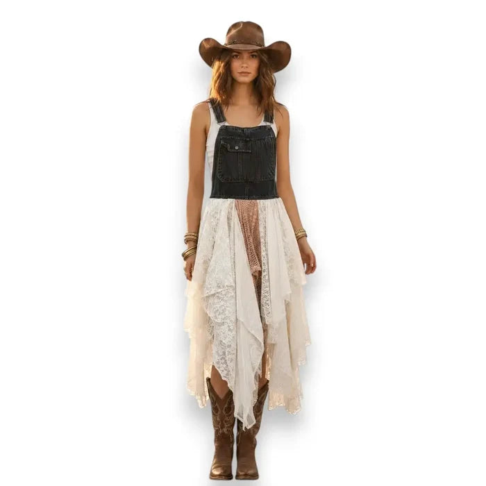 woman wearing Denim & Lace Asymmetric Midi Dress with black overall bodice, adjustable straps, white lace large to plus size design