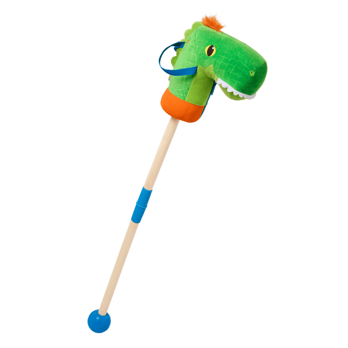 green dino hobby horse with wooden riding pole