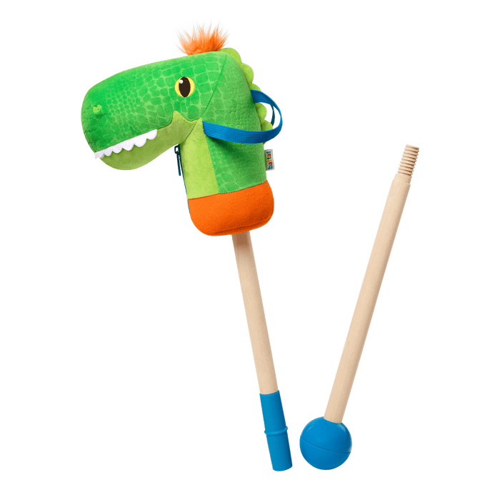 green dino hobby horse with wooden riding pole