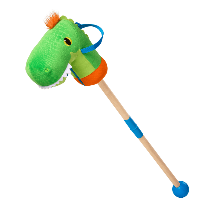 green dino hobby horse with wooden riding pole