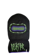 Black ski mask with green and purple design and 'Disaster' text on a white background