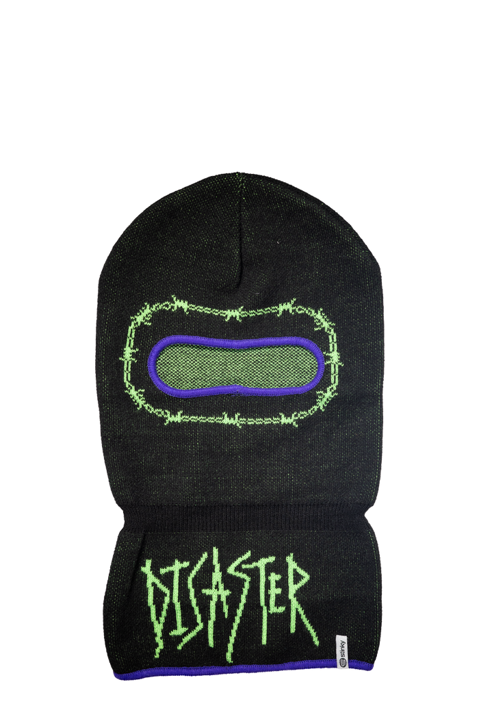 Black ski mask with green and purple design and 'Disaster' text on a white background