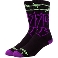 Black socks with purple and green designs on a white background