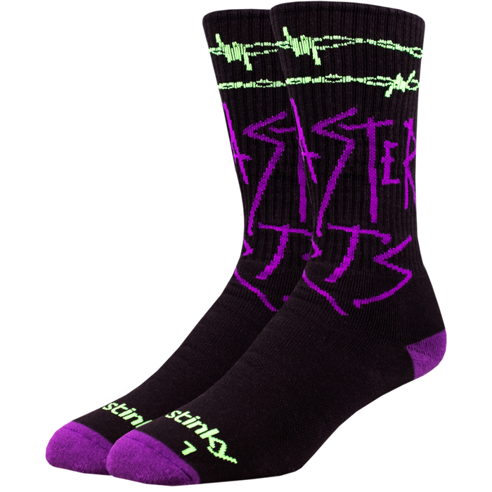 Black socks with purple and green designs on a white background