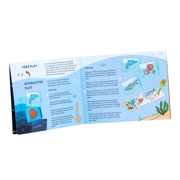 Ocean playset with color-changing book, fact cards, water pen, and a booklet.