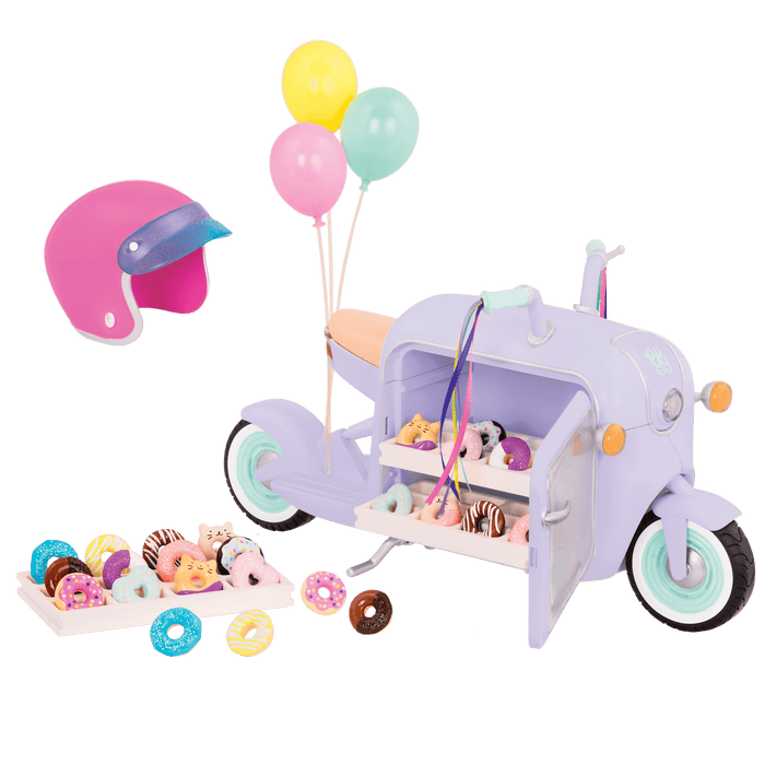Two 14-inch dolls eating donuts from delivery scooter