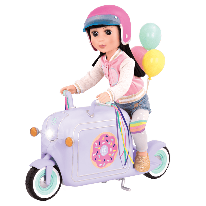 Two 14-inch dolls eating donuts from delivery scooter