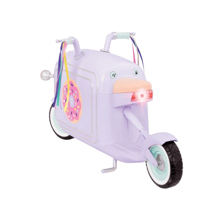 Two 14-inch dolls eating donuts from delivery scooter