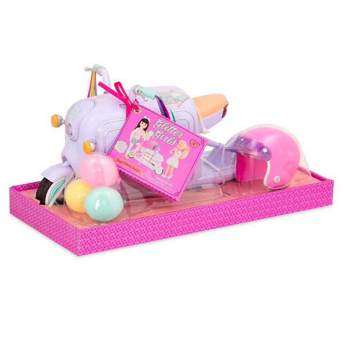 Two 14-inch dolls eating donuts from delivery scooter