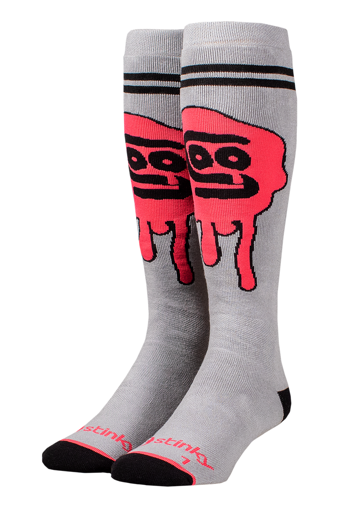 Gray socks with red and black graphic design on a white background