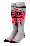 Gray socks with red and black graphic design on a white background