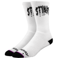 White socks with black text and accents on a white background