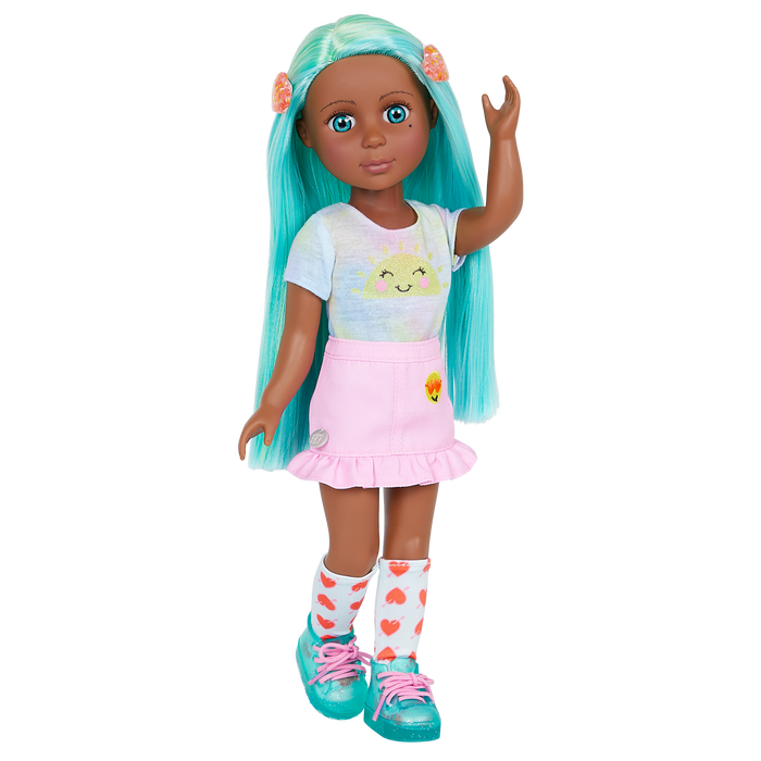 14-inch posable doll with turquoise hair and turquoise eyes with hair accessories
