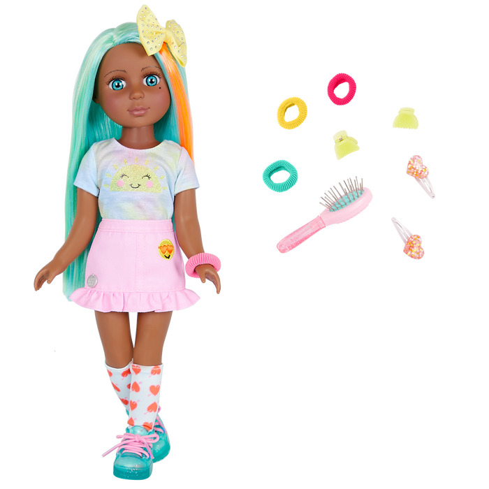 14-inch posable doll with turquoise hair and turquoise eyes with hair accessories