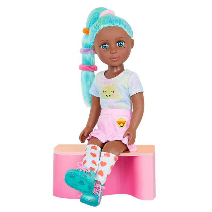 14-inch posable doll with turquoise hair and turquoise eyes with hair accessories