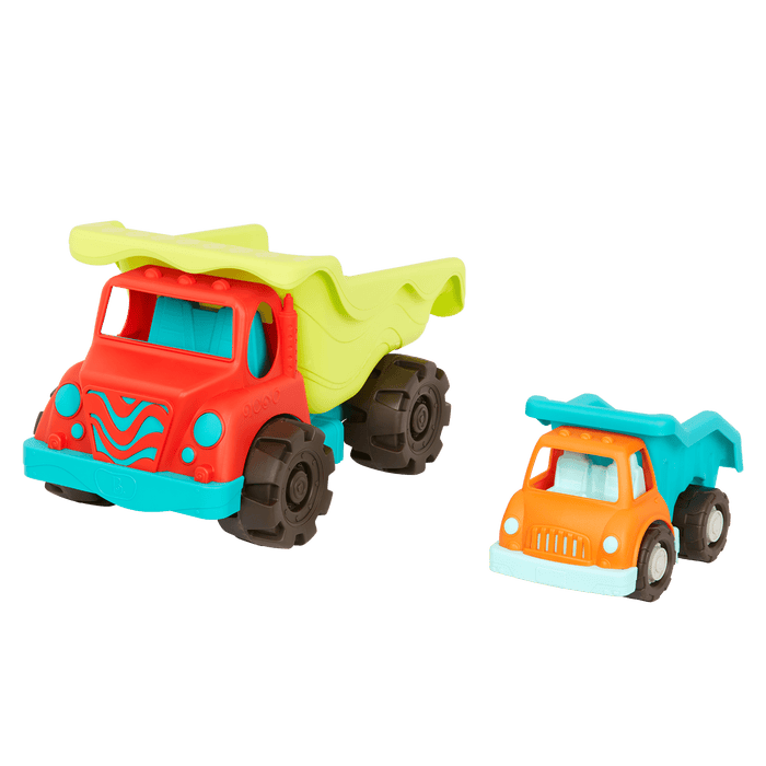 Toy dump trucks.