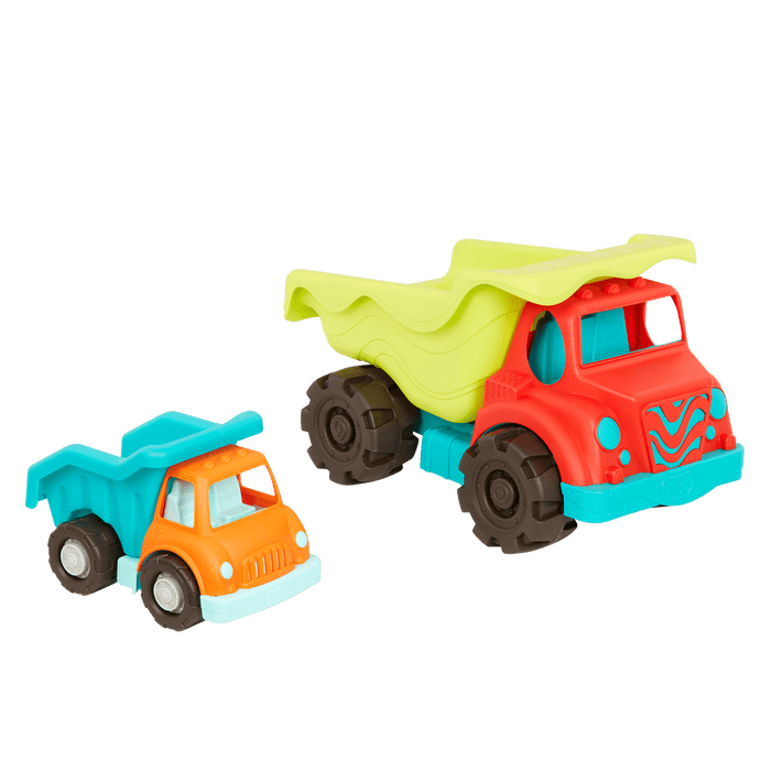 Toy dump trucks.