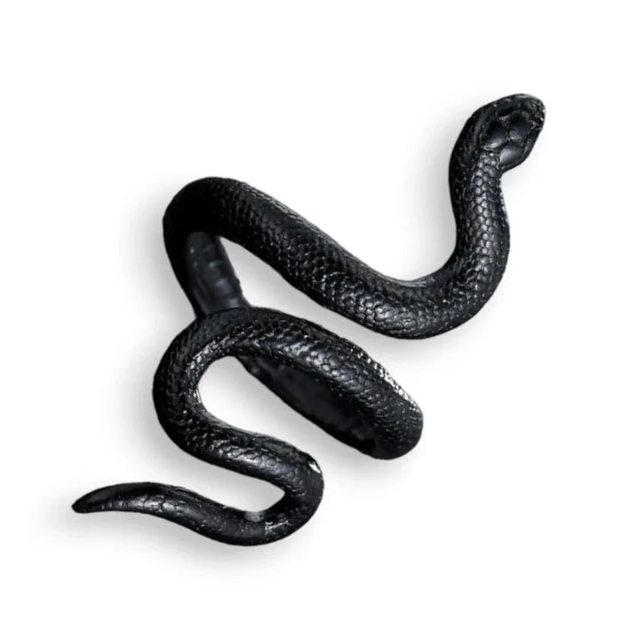 flat lay Edgy Black Coiled Snake Ring with textured serpent wrap design