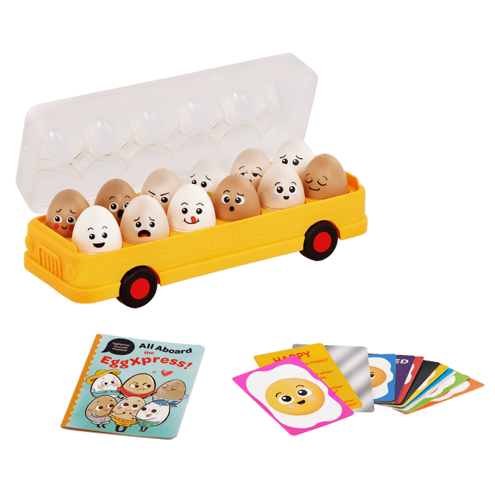 Egg bus playset with cards and a booklet.