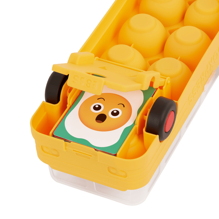 Egg bus playset with cards and a booklet.