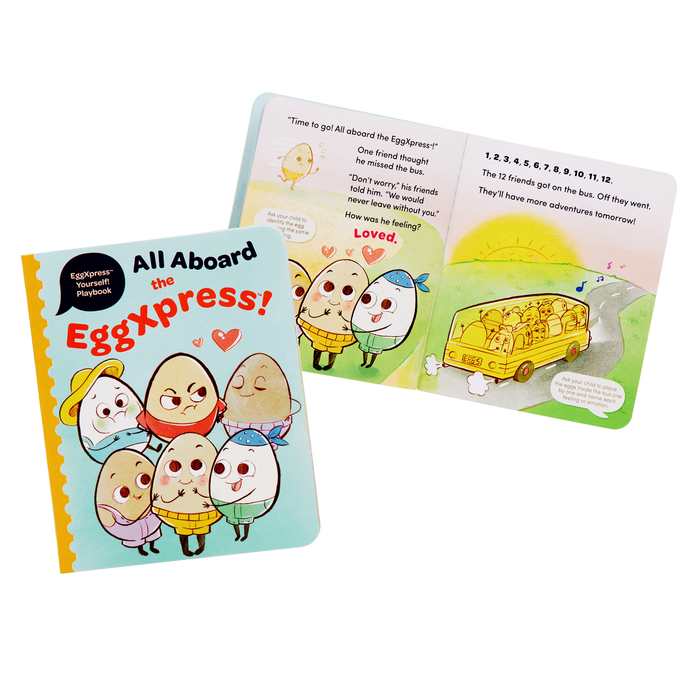 Egg bus playset with cards and a booklet.