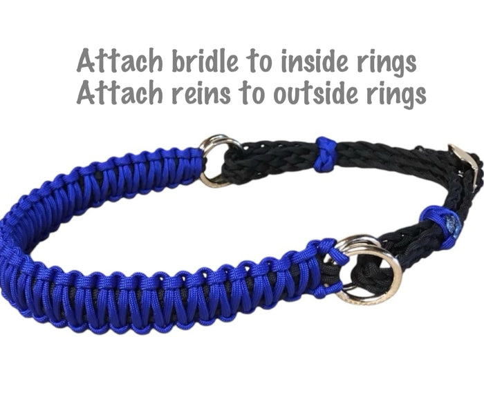electric blue side pull hackamore  bitless attachment.... with black or brown chinstrap...all sizes