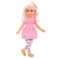 14-inch posable doll with platinum blonde hair and blue eyes