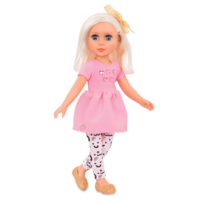 14-inch posable doll with platinum blonde hair and blue eyes