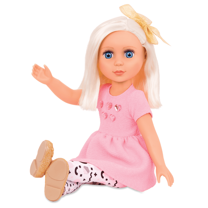 14-inch posable doll with platinum blonde hair and blue eyes