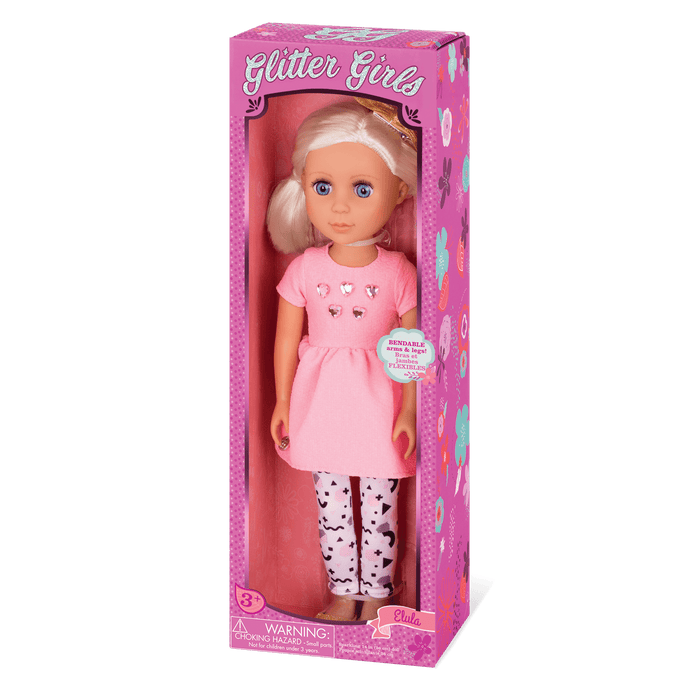 14-inch posable doll with platinum blonde hair and blue eyes
