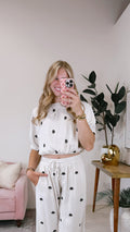 Embroidered linen boat neck crop top