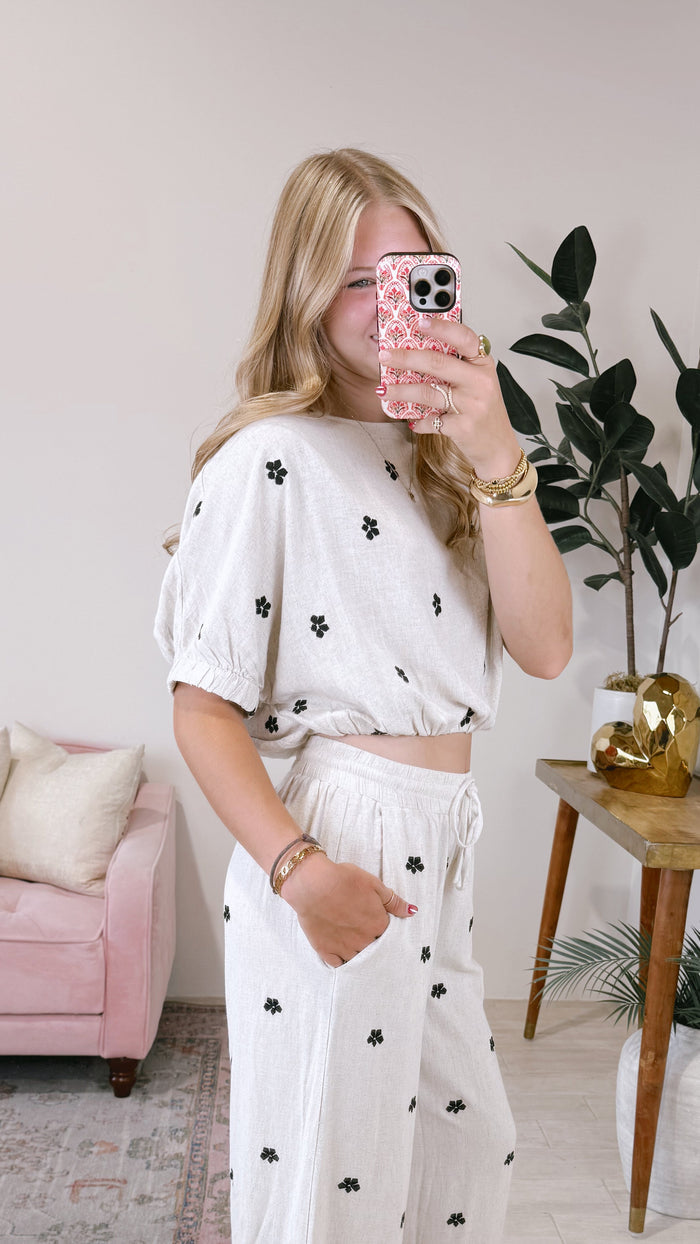 Embroidered linen boat neck crop top