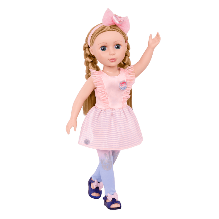 14-inch posable doll with blonde hair and blue eyes