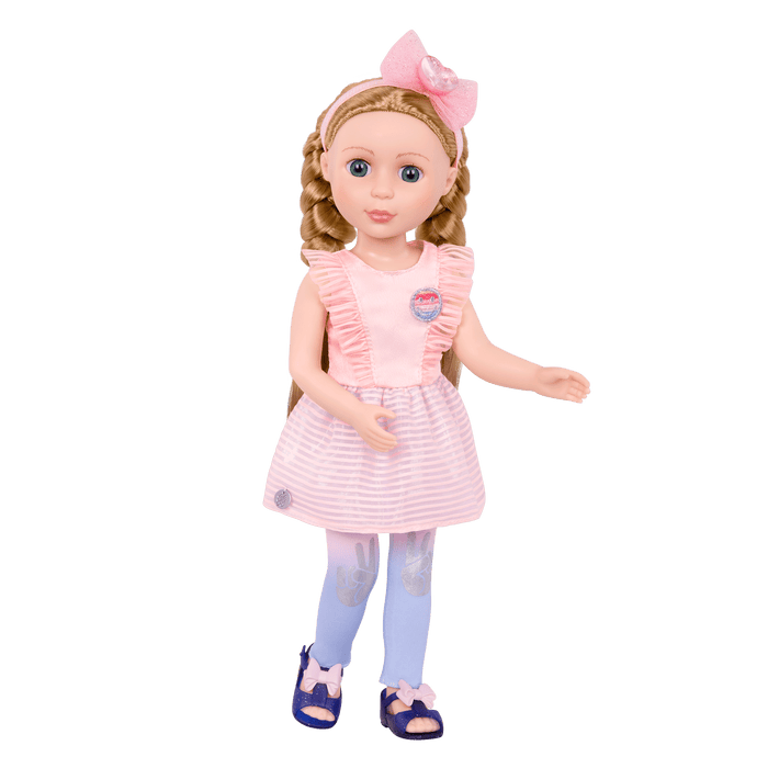 14-inch posable doll with blonde hair and blue eyes