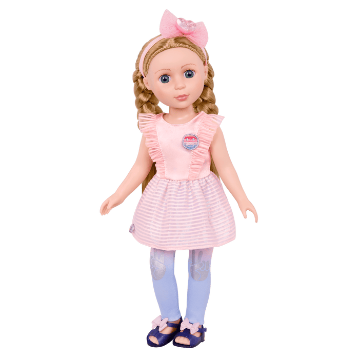 14-inch posable doll with blonde hair and blue eyes