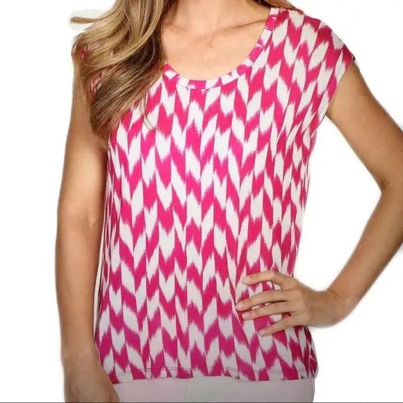 Women's Round Neck Sleeveless Pink White Chevron Blouse Size Small by Micheal Kors