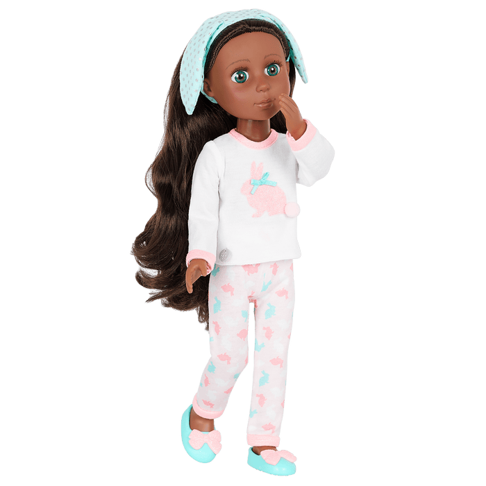 14-inch posable doll with brown hair and green eyes