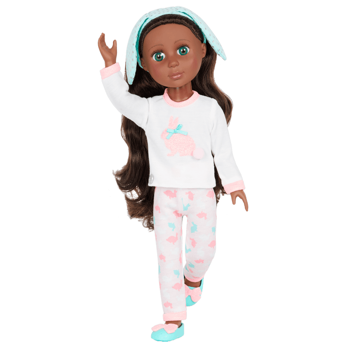 14-inch posable doll with brown hair and green eyes