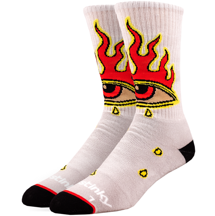White socks with flame and eye design on a white background