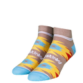 Colorful socks with a brand logo on a white background