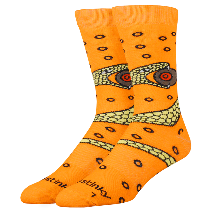 Orange socks with snake pattern and 'stink' branding on a white background